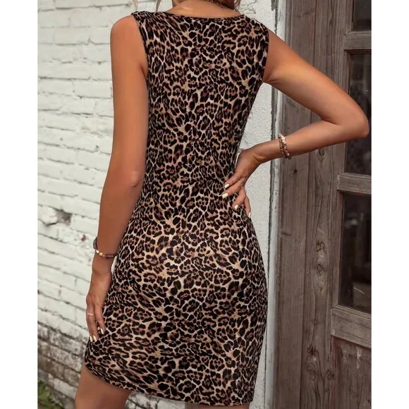 New Womens Leopard Print V-Neck Bodycon Mini Dress - Stretchy XL Coffee Color - Picture 2 of 3